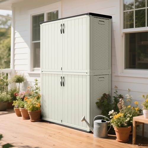 Greesum Outdoor Storage Shed Without Divider, 45 cu.ft Outdoor Waterproof Storage Cabinet for Garden Tools, Pool Storage, Garbage Cans, Beige Greesum