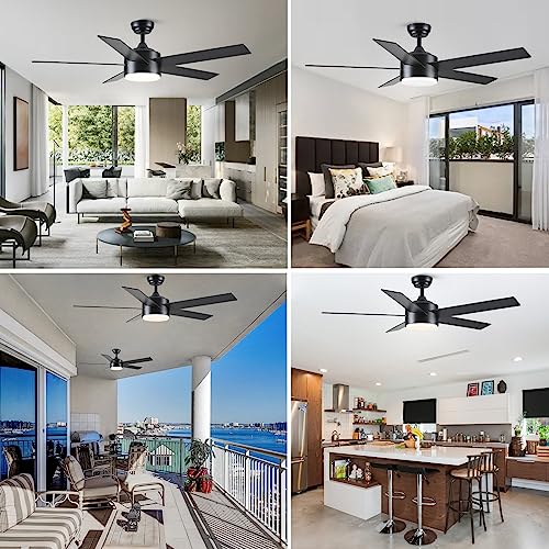 POCHFAN 52 inch Black Ceiling Fans with Lights and Remote Control, Dimmable 3-Color Temperatures LED Ceiling Fan, Wooden Quiet Reversible Modern Ceiling Fan for Bedroom, Living Room, Dining Room POCHFAN