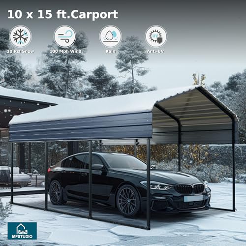 MFSTUDIO Carport 10x15 ft, Outdoor Heavy Duty Metal Shed Carports, Metal Garage Car Shelter Shade Car Port with Galvanized Roof, Frame and Bolts for Cars, Truck and Boats MFSTUDIO