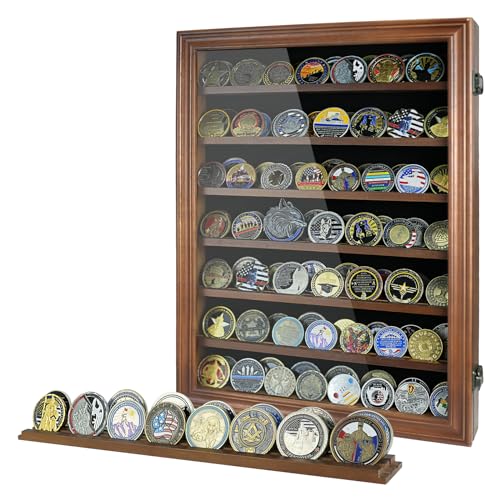 DecoWoodo 7 Rows Challenge Coin Display Case - Holds 100 Coins, Solid Wood Military Coin Holder Display Cabinet with HD Glass, Wall Mountable Shadow DecoWoodo