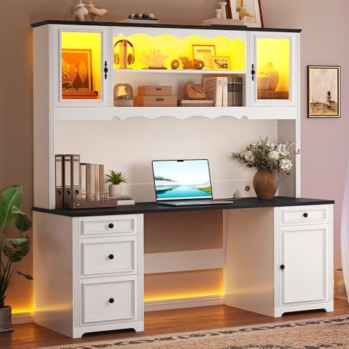 DWVO Executive Desk with Hutch and Power Outlets, Computer Desk with Drawers & LED Lights, Farmhouse Home Office Desks with Storage Shelves, White & Black DWVO