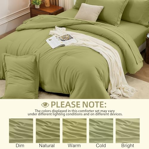 FUANNA Queen Comforter Set Olive Green, 7 Pieces Soft Bedding Sets Queen Size, All Season Lightweight Bed in a Bag with Comforter, Flat Sheet, Fitted Sheet, Pillowcases & Shams FUANNA