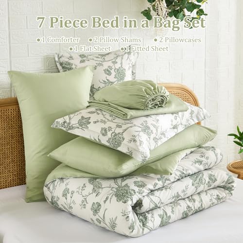 Luxudecor Floral King Comforter Set 7 Pieces Bed in a Bag, Sage Green Flower with Bird Bedding Set, Soft Reversible Comforter with Sheet Set 104"x90" Luxudecor