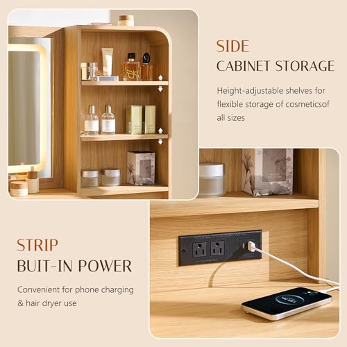 wow97e 50" Makeup Vanity Desk with 35.43" Mirror and Lights, Large 5 Drawers Makeup Table with Adjustable Shelves and Charging Station, 3 Lighting Modes for Women and Girls, Bedroom or Dorm, Natural wow97e
