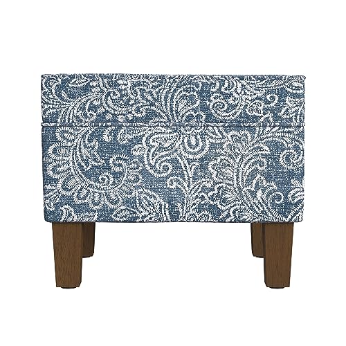 HomePop Home Decor |K7646-A879| Upholstered Modern Rectangular Storage Ottoman | Hinged Lid Ottoman with Storage for Living Room & Bedroom, Blue Denim Jacobean Print HomePop