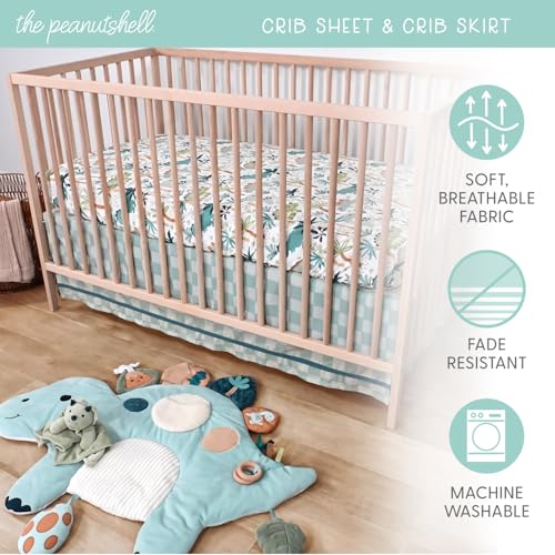 The Peanutshell 4 Piece Nursery Bundle: Crib Sheet & Dinosaur Baby Tummy Time Mat & Nursery Decor & Dino Plush Security Blanket Play Toy The Peanutshell