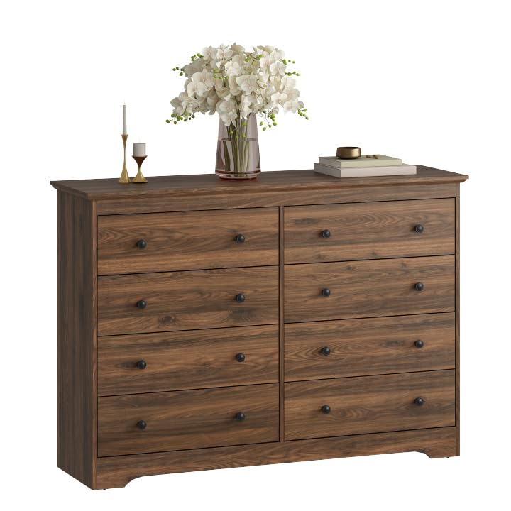 BAZELOR Dresser for Bedroom, 8 Drawer Dresser with Large Drawers, 55 Inch Wide Wood Chest for Living Room, Hallway, Walnut BAZELOR