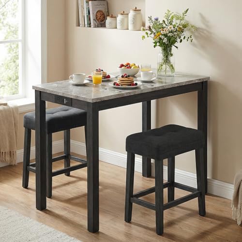 COSTWAY 3-Piece Bar Table Set with Charging Station, Modern Counter Height Breakfast Table w/Faux Marble Top & 2 Padded Stools, Wooden Console Table Set for Living Room, Kitchen, Dining Room (Gray) COSTWAY
