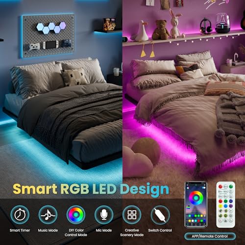 SHA CERLIN Floating Bed Frame Full Size with Smart LED Lights and Charging Station, Heavy Duty Metal Platform Bed with Modern Design,No Box Spring Needed, Easy Assembly, Matte Black SHA CERLIN