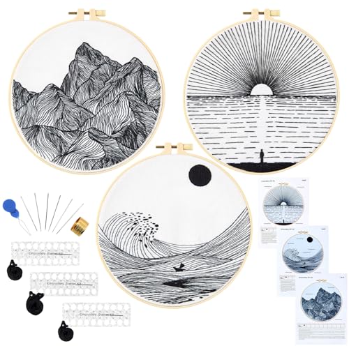 Crafmanoe Easy Embroidery Kits for Beginners Embroidery Starter Kits for Adults, Sea Stamped Cross Stitch Kits for Beginners Adults, Line Hand Embroidery Needlepoint Kit, 3 Set Embroidery Hoops