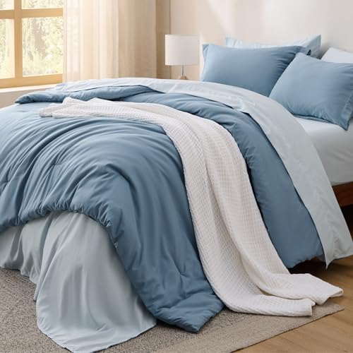 Bedsure Queen Comforter Set - 7 Pieces Grayish Blue Queen Bedding Set for All Seasons, Boho Contrasting Design Bed in a Bag with Comforter, Sheets, Pillowcases & Shams Bedsure