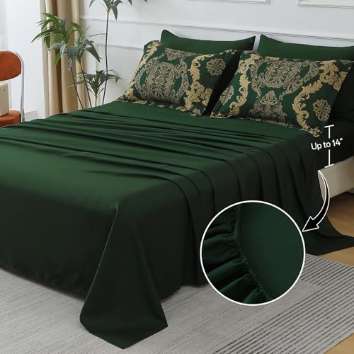 WONGS BEDDING Green Damask King Size Comforter Set, 7 Piece Texture Microfiber Comforter Bedding Set for All Season, Bed in a Bag with Comforter, Flat Sheet, Fitted Sheet, Pillowcases & Shams WONGS BEDDING