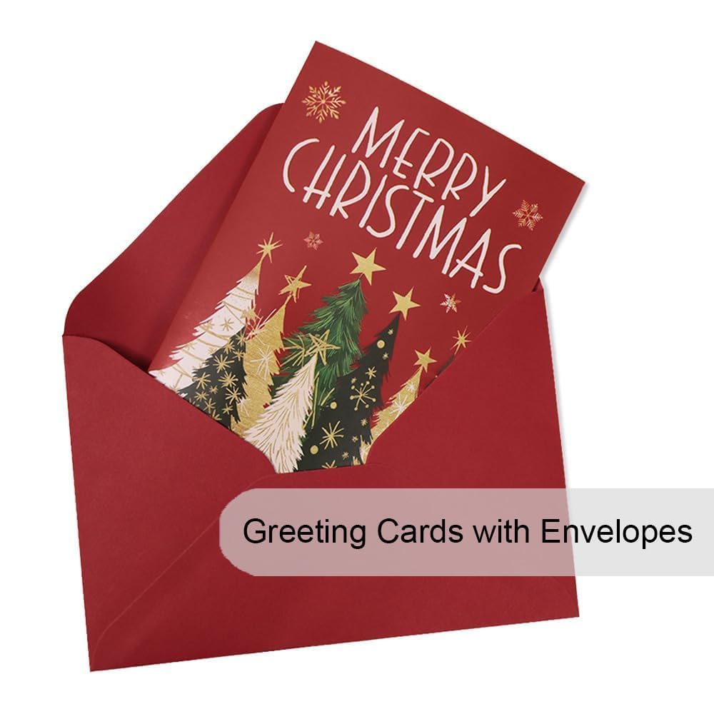 GEEORY Boxed Christmas Tree Cards,4" x 6",Red and Gold Snowflake Holiday Greeting Cards (24 Cards with Envelopes) GEEORY