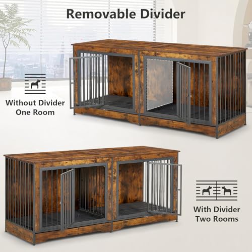 Rovibek 75" Dog Crate Furniture for 2 Dogs, Wooden Extra Large Double Dog Cage Furniture, Decorative Dog Kennels with Double Doors, Indoor Dog Crate TV Stand for Large Dogs, Brown Rovibek