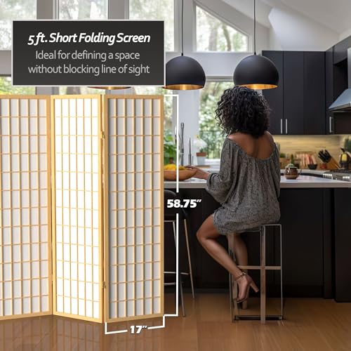 Red Lantern 5 ft. Tall Window Pane Shoji Screen - Natural - 3 Panels Red Lantern