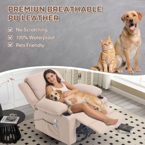 Comermax Faux Leather Swivel Rocker Recliner with Heat and Massage Cup Holders, Overstuffed Rocking Glider Chair Heated Massaging Reclining Chair,Beige