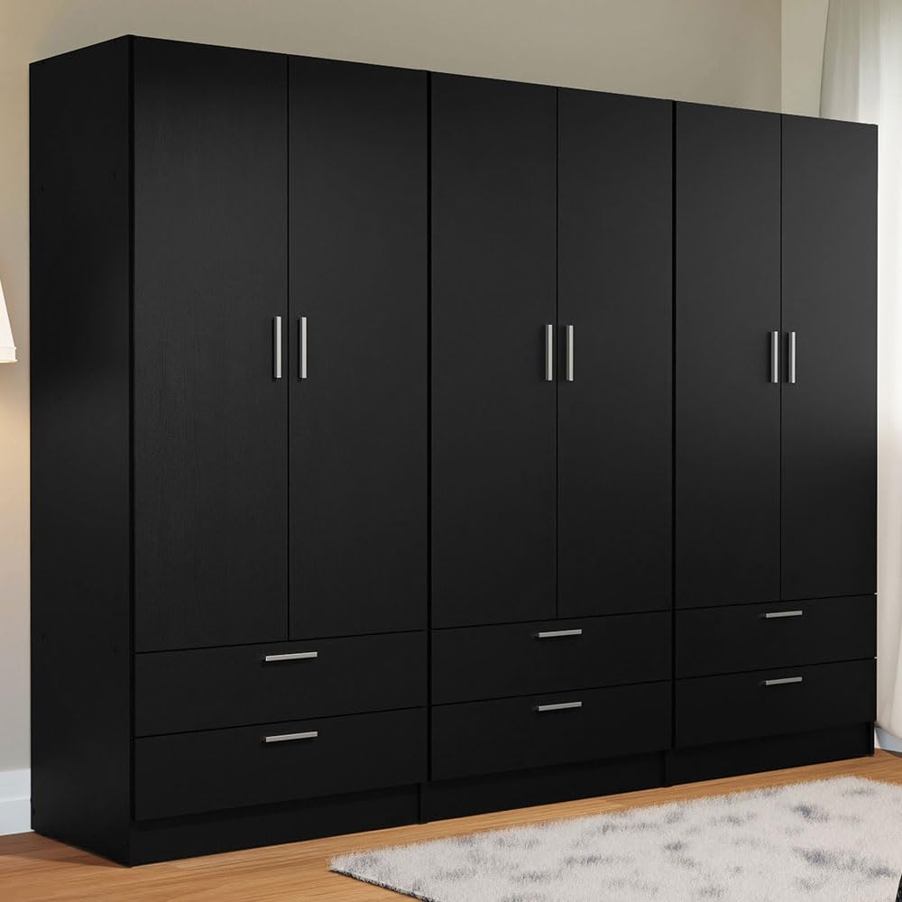 Madesa 6 Doors 6 Drawers Storage Cabinet Wardrobe with Shelves and Hanging Space 94" L Wooden Armoire Closet Organization Unit for Bedroom and Office - Black Madesa