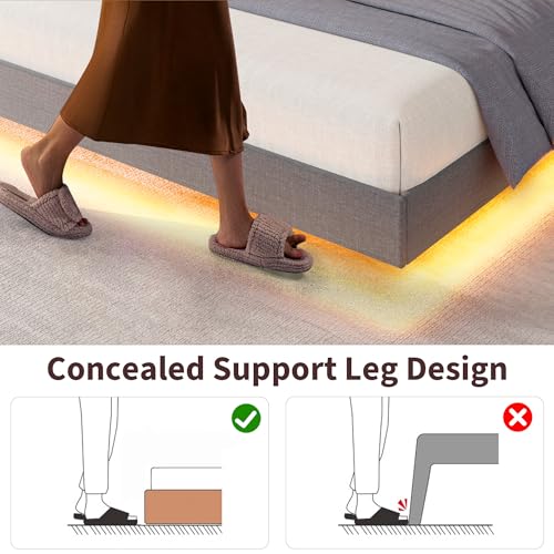 GarveeHome King Floating Bed Frame with LED Lights & Charging Station, Upholstered Platform Beds with Storage Headboard & Folding Shelves Storage, Metal Slats Support, No Box Spring Needed, Grey GarveeHome