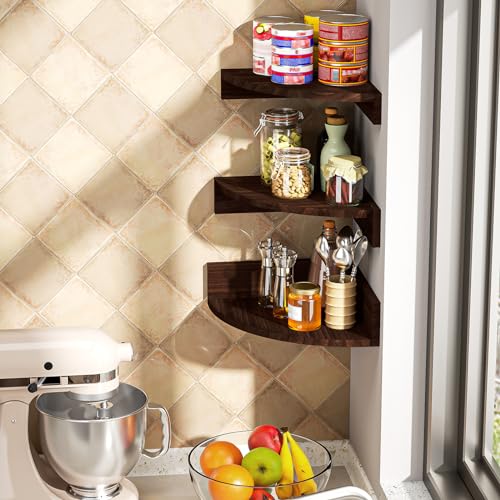 Alsonerbay Corner Shelf Wall Mount, Set of 3 Floating Shelves for Storage and Display, Rustic Wood Shelves for Bedroom, Kitchen, Living Room, Nursery and Office (Dark Brown) Alsonerbay