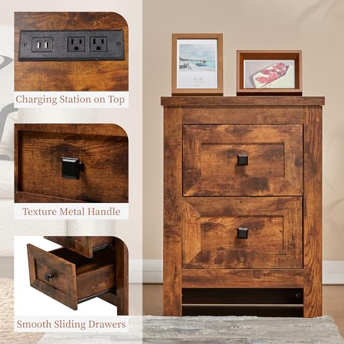 AMERLIFE Nightstand Set of 2 with Charging Station, Rustic Bedside Table with Drawers Storage, Farmhouse Wood Night Stand for Bedroom, Living Room, Rustic Brown AMERLIFE