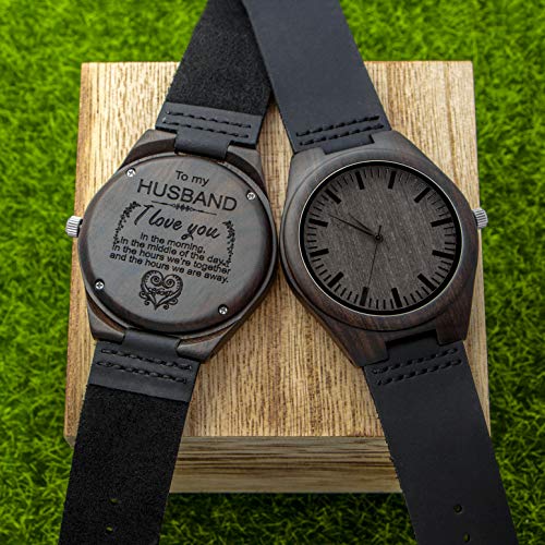 K KENON Engraved Personalized Mens Wooden Watch Lightweight Black Leather Strap Analog Quartz Movement Wristwatches for Son and Father Gifts (to Husband) K KENON