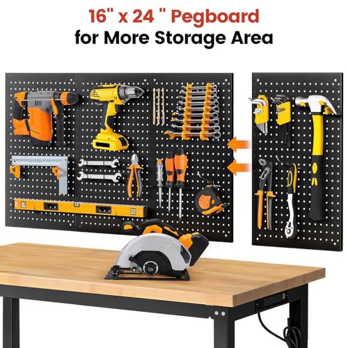 ENJOYWOOD Work Table for Garage 60 x 22 Inch Adjustable Height Workbench Heavy Duty Rubberwood Tabletop Work Bench with Power Outlets Pegboard Pad for Woodworking Shop, Home, Office ENJOYWOOD