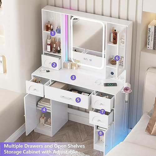 White Vanity Desk with Mirror and Lights,Makeup Vanity with RGB Lights and Power Strip,Makeup Desk Vanity Table with 5 Drawers Lots Storage & Time Display,3 Lighting Modes LED Lighted Mirror,41.3in(L) Fameill