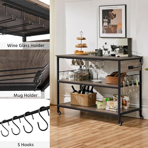 Yaheetech Kitchen Cart with Power Outlet, Rolling Kitchen Island on Wheels with Glass Holder & Hooks, Utility Trolley Cart Coffee Bar Microwave Stand Cart with Lockable Casters, Taupe Wood Yaheetech
