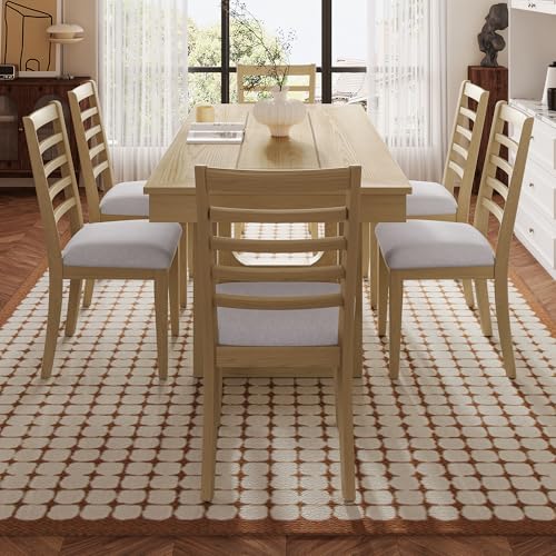 Merax 7 Piece Extendable Wooden Dining Table Set, Farmhouse Extendable with 18" Move Leaf, 78" Rustic and 6 Upholstered Chairs for Kitchen Room, Natural Merax