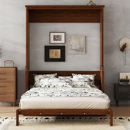 Ball & Cast Queen Size Murphy Bed W/Desk,Horizontal Hidden Wall Bed W/Gas Struts,Space-Saving Murphy Bed Cabinet for Home Office,Apartment,Guest Room,Walnut Ball & Cast