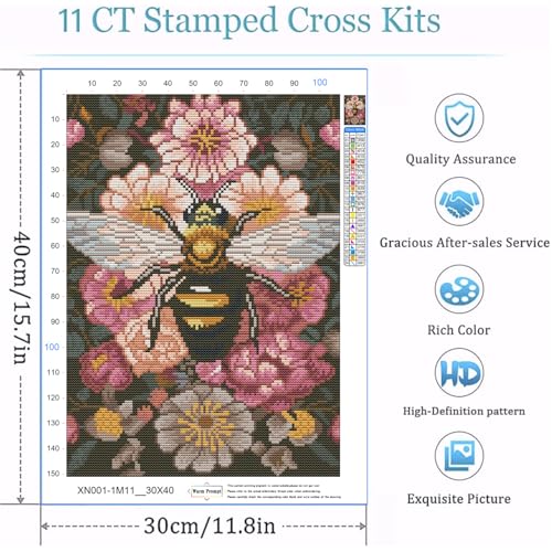 Legrace Bee Cross Stitch Kits for Adults - Stamped Crossstitching Kits Preprinted 11 Count Cross-Stitch Kit for Beginner, 11CT Prestamped Easy Pattern Needlepoint Kits Crafts for Decor
