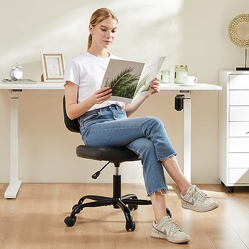 NEWBULIG Armless Small Office Desk Chair with Low Back Lumbar Support, PU Leather Computer Vanity Chair with 360° Swivel Rolling Wheels, Height Adjustable Task Chair for Small Space, Black NEWBULIG