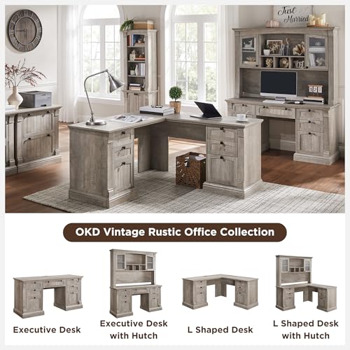 OKD 60" L Shaped Executive Desk with Hutch and Drawers, Farmhouse Home Office Desk with Charging Station, File Cabinet Storage, Wood Corner Computer Desk for Work and Study, Light Rustic Oak OKD