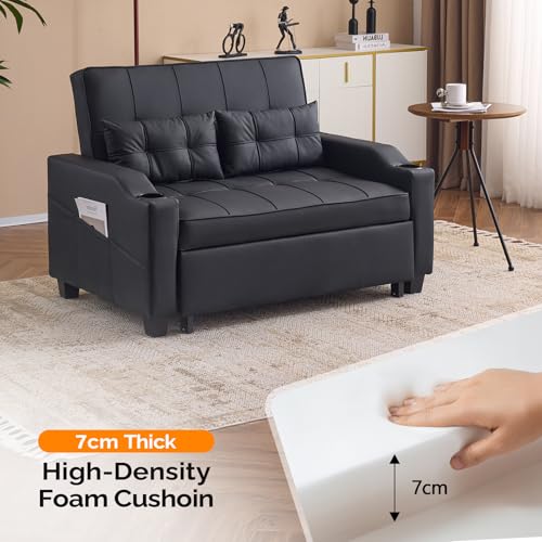 VINGLI Convertible Loveseat Sleeper, Black Faux Leather Futon Sofa Bed Pullout Couch Bed with USB Ports, Cup Holders, Armrest for Living Room, Bedroom, Home Office Apartment VINGLI