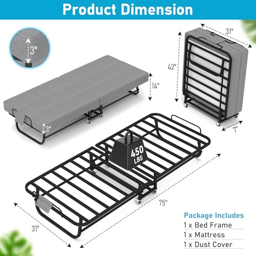 SADENICEL Folding Bed with Mattress for Adults, Portable Foldable Roll Away Bed on Wheels, Memory Foam Mattress and Metal Frame, Space Saving Fold Up for Easy Storage, 75" x 31" SADENICEL
