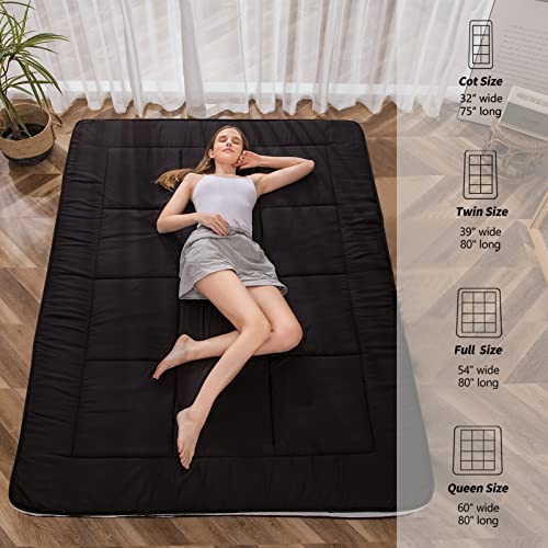 MAXYOYO Futon Mattress, Padded Japanese Floor Mattress Quilted Bed Mattress Topper, Extra Thick Folding Sleeping Pad Breathable Floor Lounger Guest Bed for Camping Couch, Black, Queen Size MAXYOYO