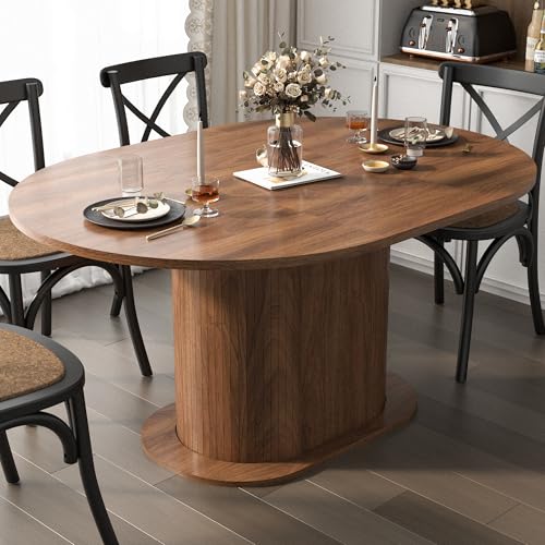 PatioPerk 39.37"-55.12" Round Extendable Dining Table, Oval Kitchen Table with Fluted Metal Slide Door, Space-Saving Expandable Dining Table for Small Apartment & Family Use, Walnut PatioPerk