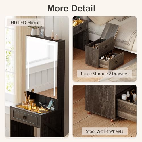 MDGC Makeup Vanity Desk with Mirror and Lights,Small Vanity Desk Set with Charging Station & Glass Top,Compact Dressing Table with Jewelry Cabinet & Storage Wheel Stool for Bedroom, Rustic Brown MDGC