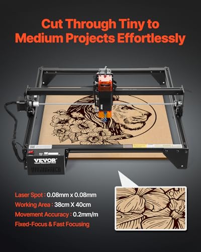VEVOR 10W Output, Laser Engraving Cutter Machine, 14.9 x 15.7 in/38 x 40 cm Working Area, 10000 mm/min Movement Speed, Compressed Spot with Eye Protection, for Wood, Certain Metal, Black VEVOR