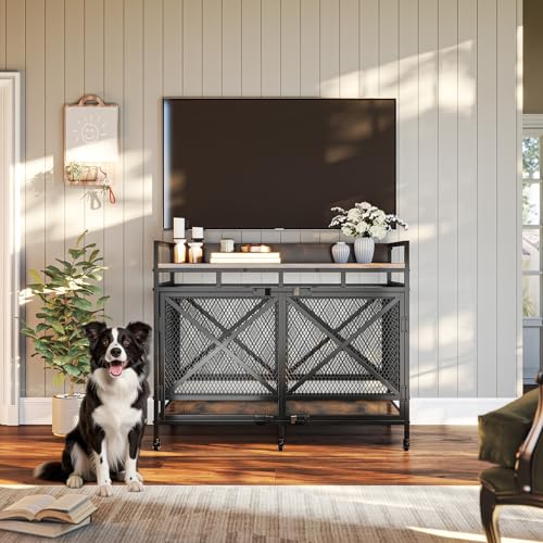 48 Inch Extra Large Furniture Dog Crate | COZPAW Heavy Duty Wooden Indoor Dog Kennel with Caster Wheels | Decorative Pet House End Table | Caramel Brown COZPAW