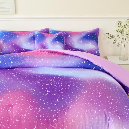 URBONUR 6Pcs Twin Comforter Set for Girls Colorful Pink Purple Blue Gradient Galaxy Printed Bedding Set Kids Teen Bed in A Bag URBONUR