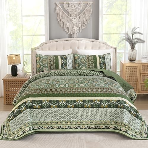 Yiran King Size Quilt, Olive Green Spring Summer Bedspread Bedding Set, 3 Pieces Bohemia Coverlet with 2 Pillow Shams for All Season 110x90 Inch