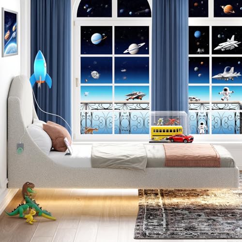 Ailisite Twin Size Floating Bed Frame with Upholstered Headboard and Charging Station, Boucle Platform Bed Frame Queen Size with RGB Led Lights, Strong Wood Slat Support, No Box Spring Needed,Beige Ailisite