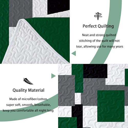 Tyrot 3 Piece Green Quilt Set Full/Queen Size Christmas Green Black Geometric Reversible Bedding Set Microfiber Lightweight Bedspread Coverlet with 2 Shams Modern Bed Cover for All Season, 90''x96'' Tyrot