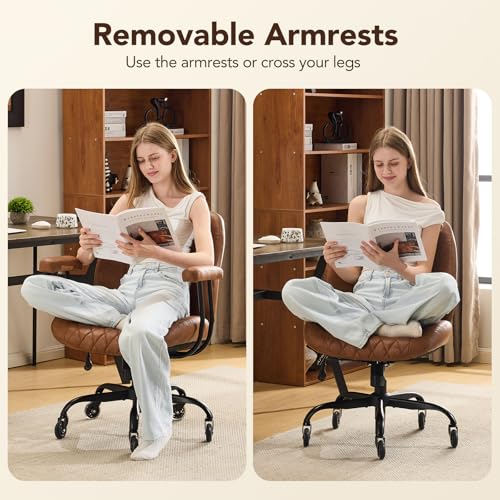 YFO Home Office Desk Chair Office Rubber Casters Ergonomic Computer Chair with Lumbar Support Adjustable Height Rolling Swivel Executive Task Armrests Chair๏ผ Brown Leather YFO