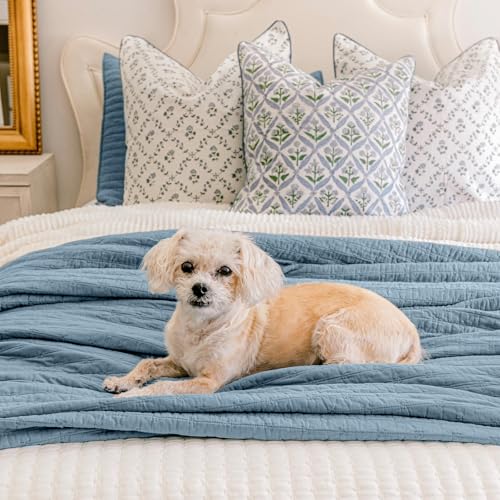 EVERGRACE x Kinsey Walsh Cross Stitch Pre-Washed Cotton Quilt Bedding Set Queen Size, Oversized 3 Pieces Lightweight Bedspread Coverlet for All Season, with 2 Matching Shams, Dusty Blue, 92"x96" EVERGRACEHOME