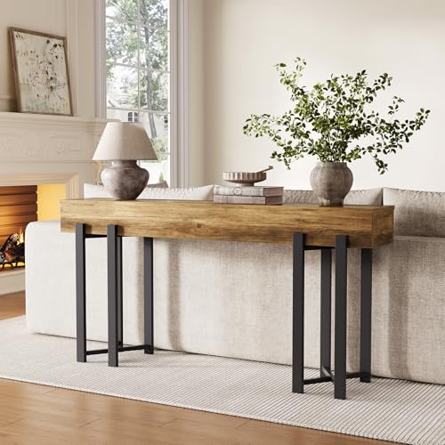 LITTLE TREE 63-Inch Console Table for Entryway, Industrial Behind Couch Table, Minimalist Sofa Table for Living Room, Rustic Brown Wooden Hallway Foyer Table with Black Metal Frame LITTLE TREE