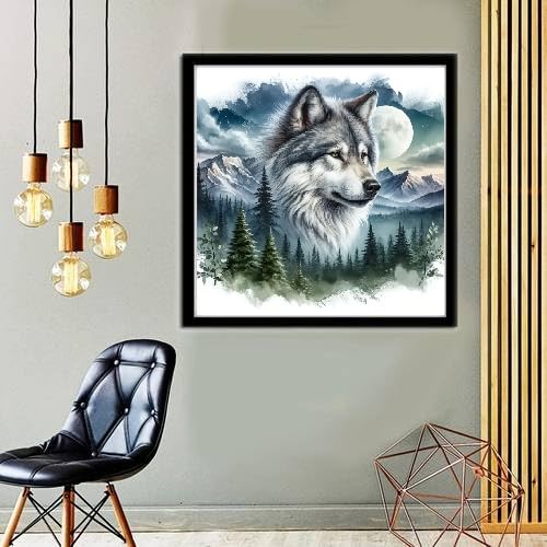 MOMDEDP 5D Forest Wolf Diamond Art Kits for Adults Beginners,DIY Full Round Drill Diamond Painting Kits Moon Wolf Head, Diamonds Dot Gem Art Crystal Mountain Landscape for Home Wall Decor12X12In MOMDEDP
