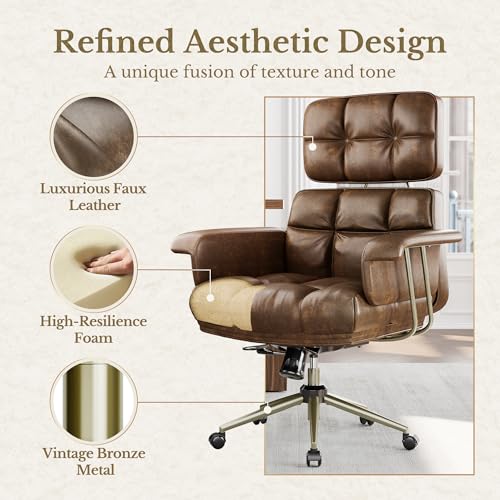 Perledesign Executive Leather Office Chair - Brown Ergonomic Desk Chair with Thick Cushion & Lumbar Support, Comfy Mid Century Modern Swivel Computer Chair for Home Office Perledesign