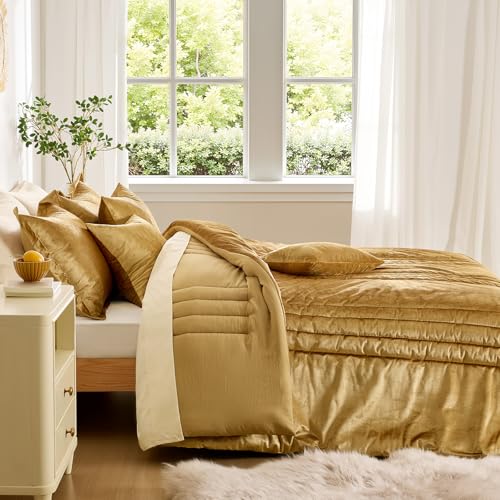 MUSSEL Bedding Comforter Set Queen Size 3 Pieces-Luxury Shiny Gold Striped Lightweight Bedroom Comforter Queen Size,Soft Velvet Bed Set with 2 Shams MUSSEL
